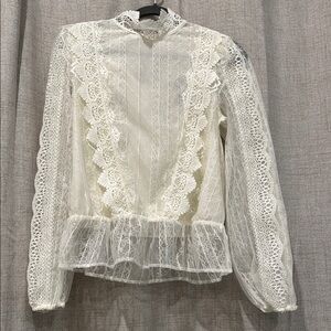 Express White Ruffled Peplum Blouse with Mandarin Collar